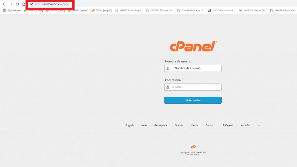 Página de ingreso a cPanel. Página de ingreso a cPanel.