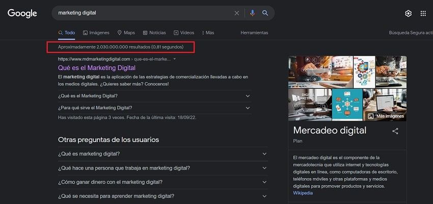 Número de páginas que puede mostrar Google