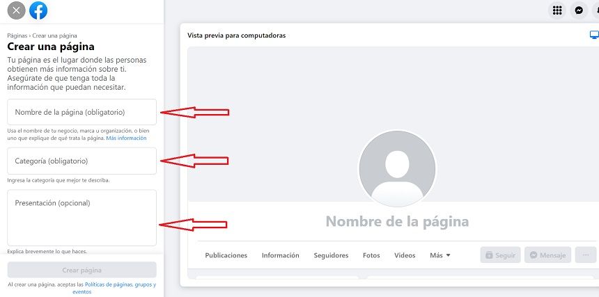 1º paso de como crear una fanpage en Facebook. Información sobre el negocio.