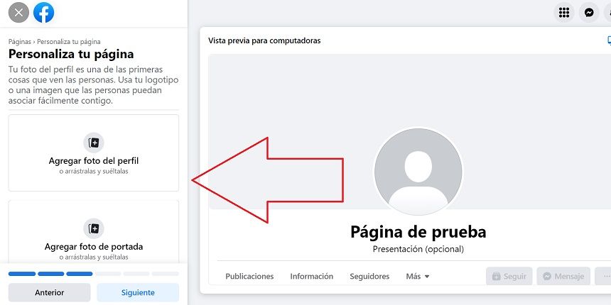 3º paso de esta guía para crear una fanpage de Facebook. Agregar imágenes.