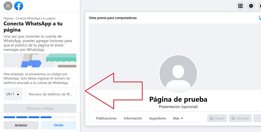 4º paso de como hacer una fanpage en Facebook.  Agregar WhatsApp (opcional).

