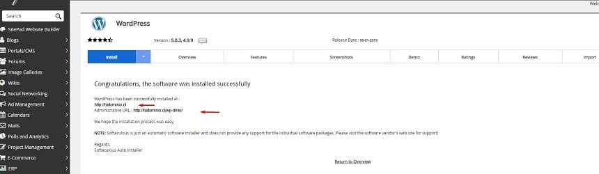 Datos de tu instalación WordPress.
