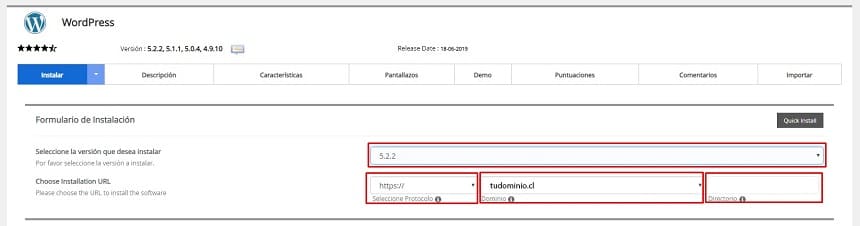 Formulario instalación de WordPress.