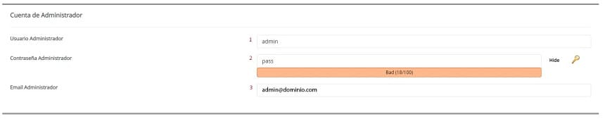 Ingresar datos administrador WordPress. 