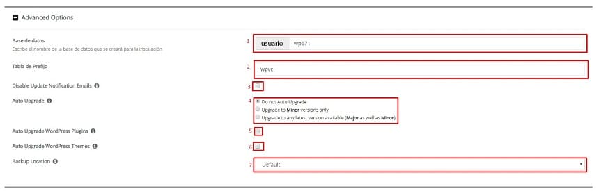 Opciones avanzadas en la instalación de WordPress.