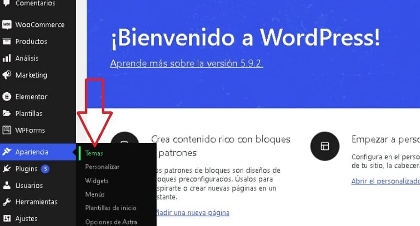 Seleccionar tema en WordPress y crear página web.