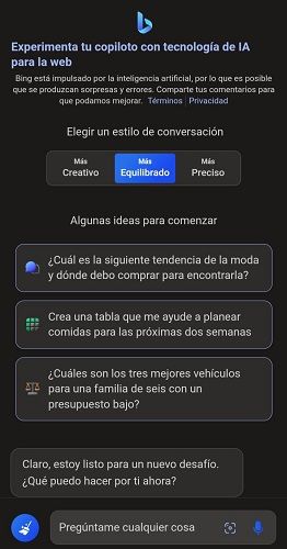 Chat de Bing en dispositivo móvil