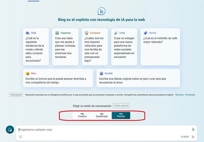 Funciones del chat de bing